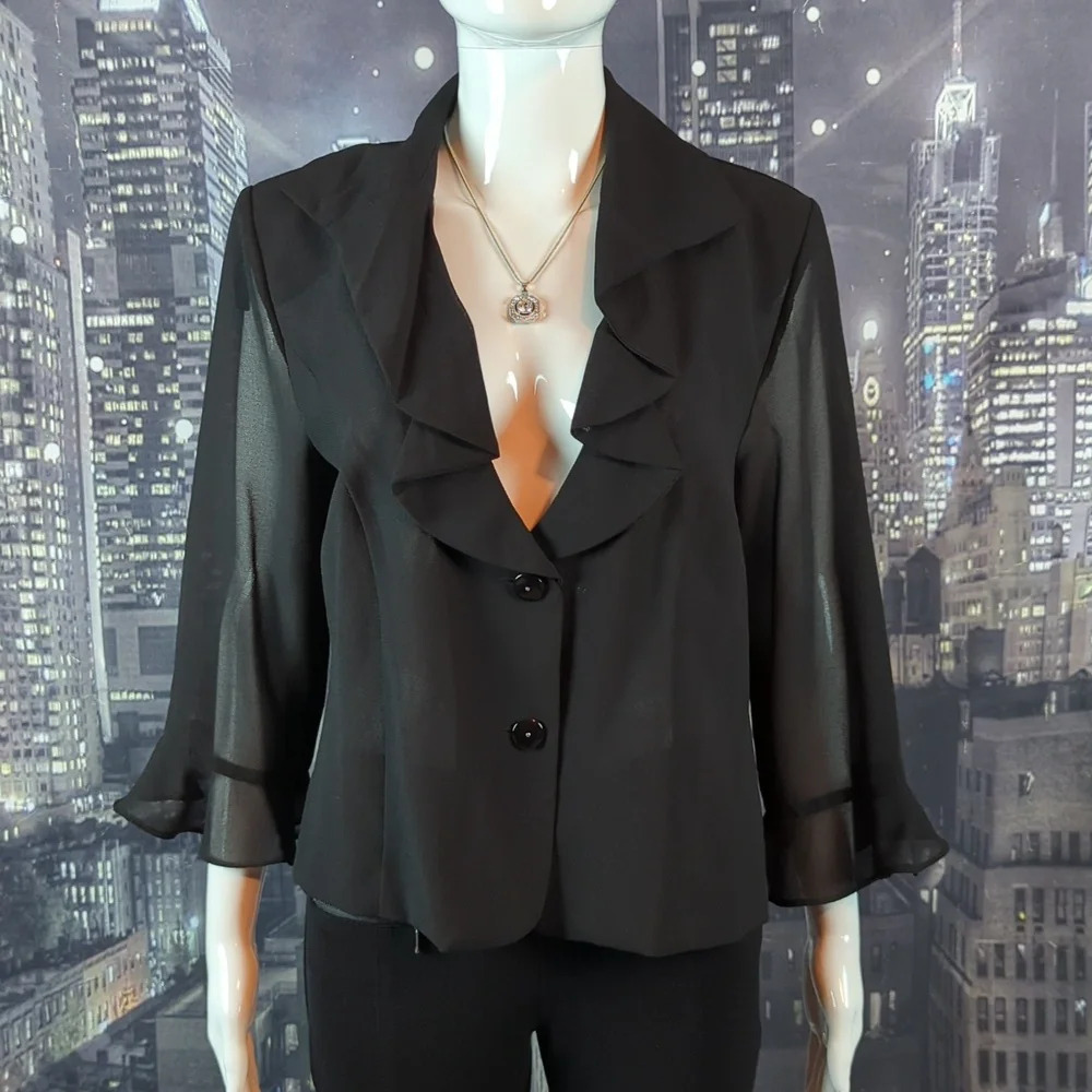 Danny & Nicole sz 12 Ruffled Two Button Sheer Sleeves & Back Dressy Top / Blazer